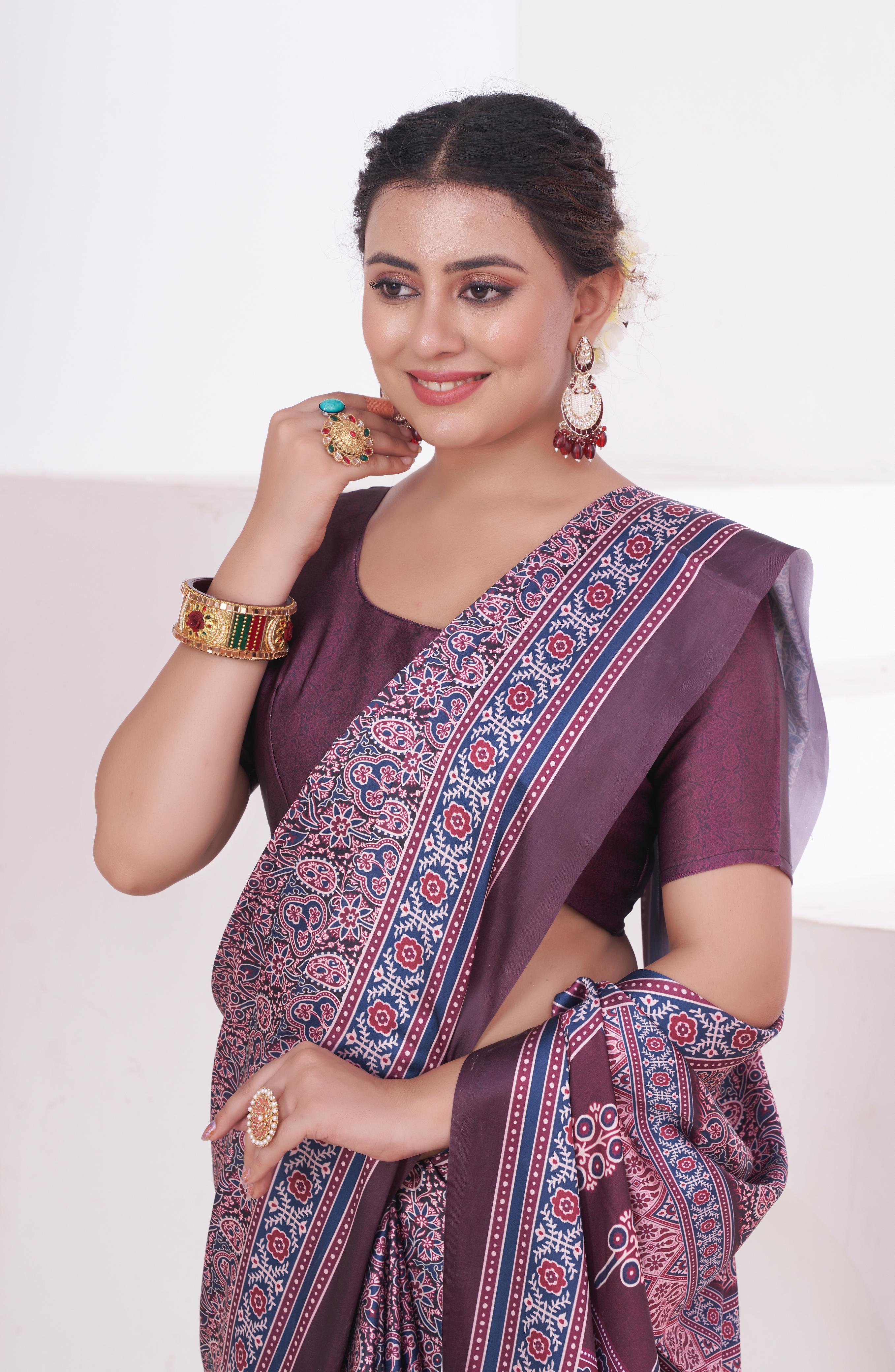 Buy MySilkLove Mountbatten Purple Ajrakh Printed Satin Crepe Saree Online