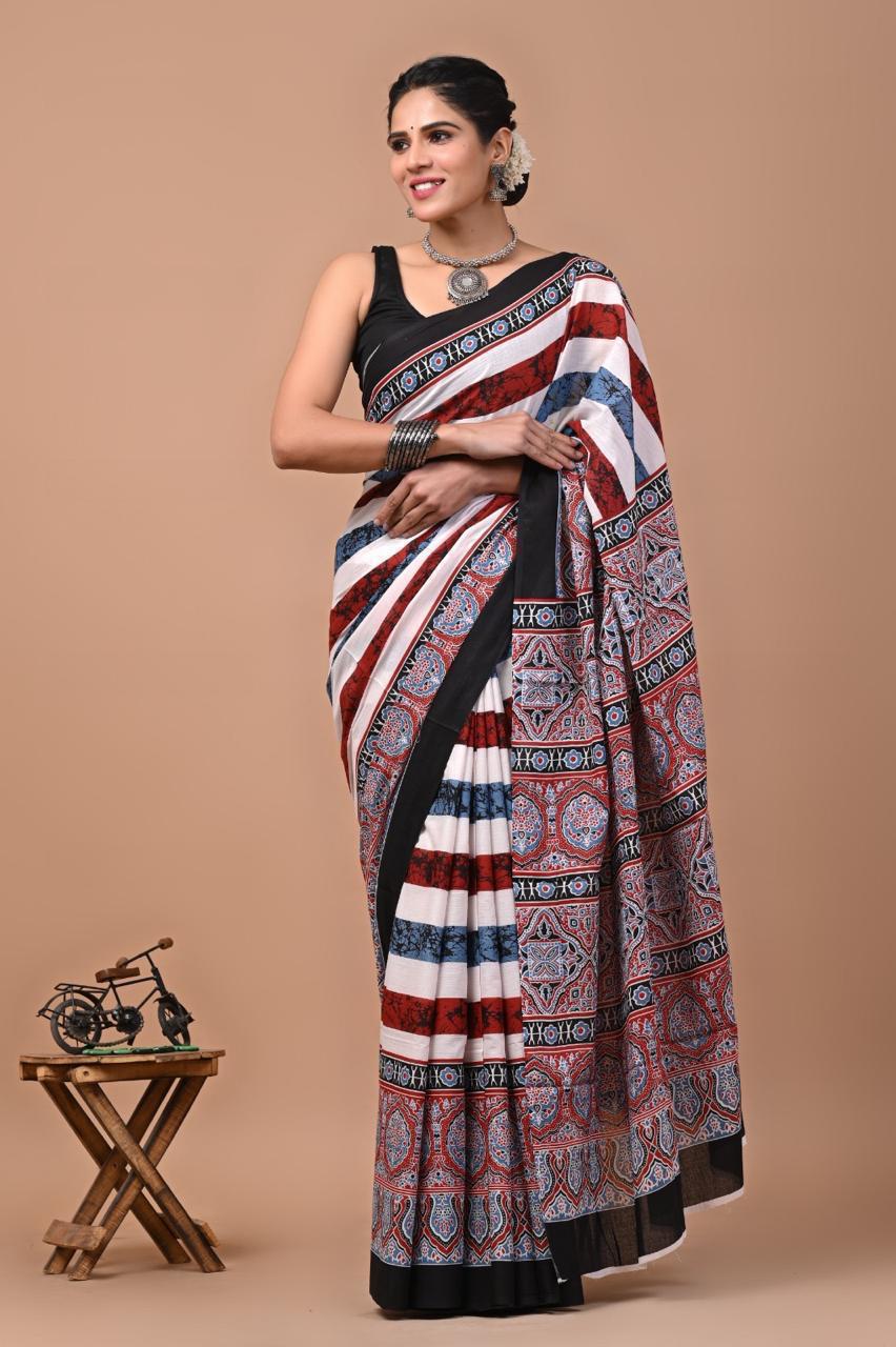 Buy MySilkLove Snow White and Black Ajrakh Mulmul Cotton Saree Online