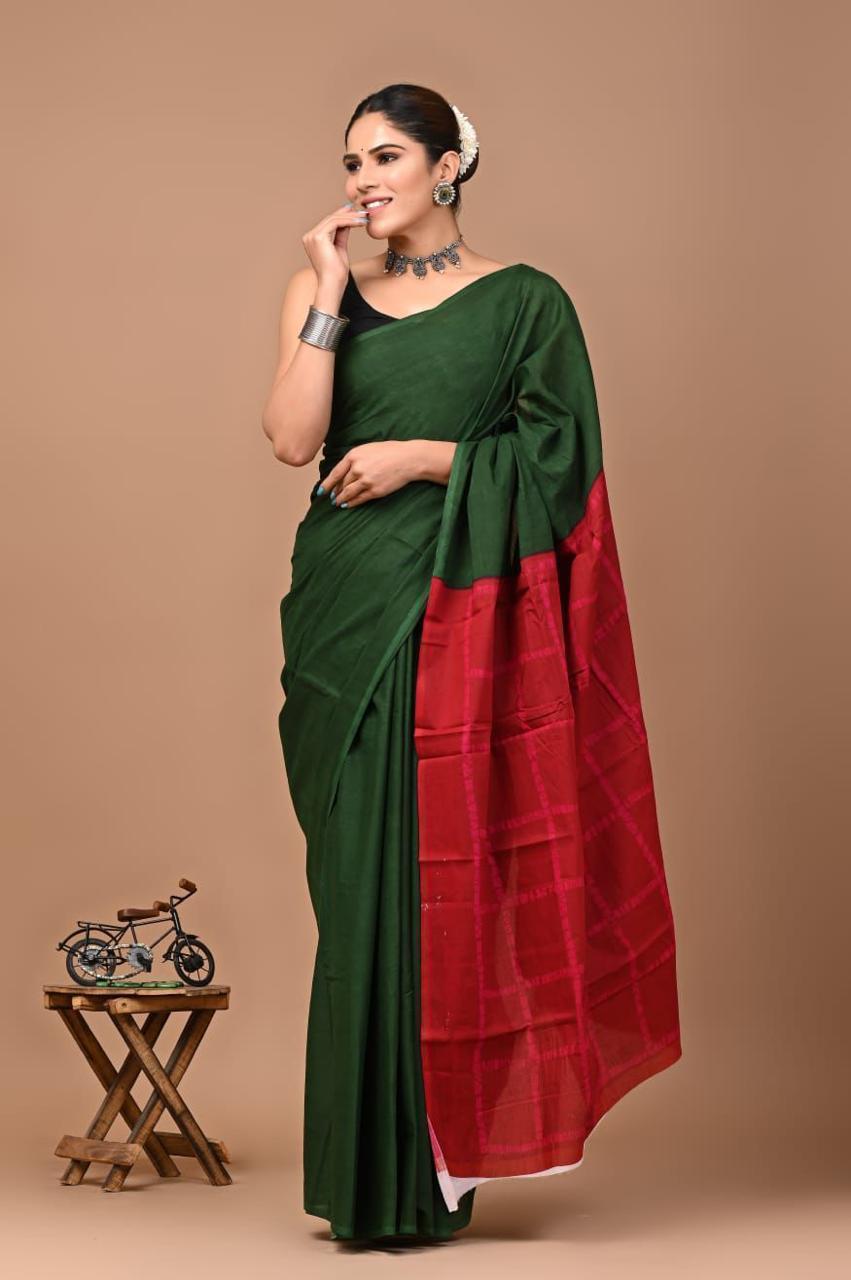 Buy MySilkLove Spring Green and Red Mulmul Cotton Saree Online