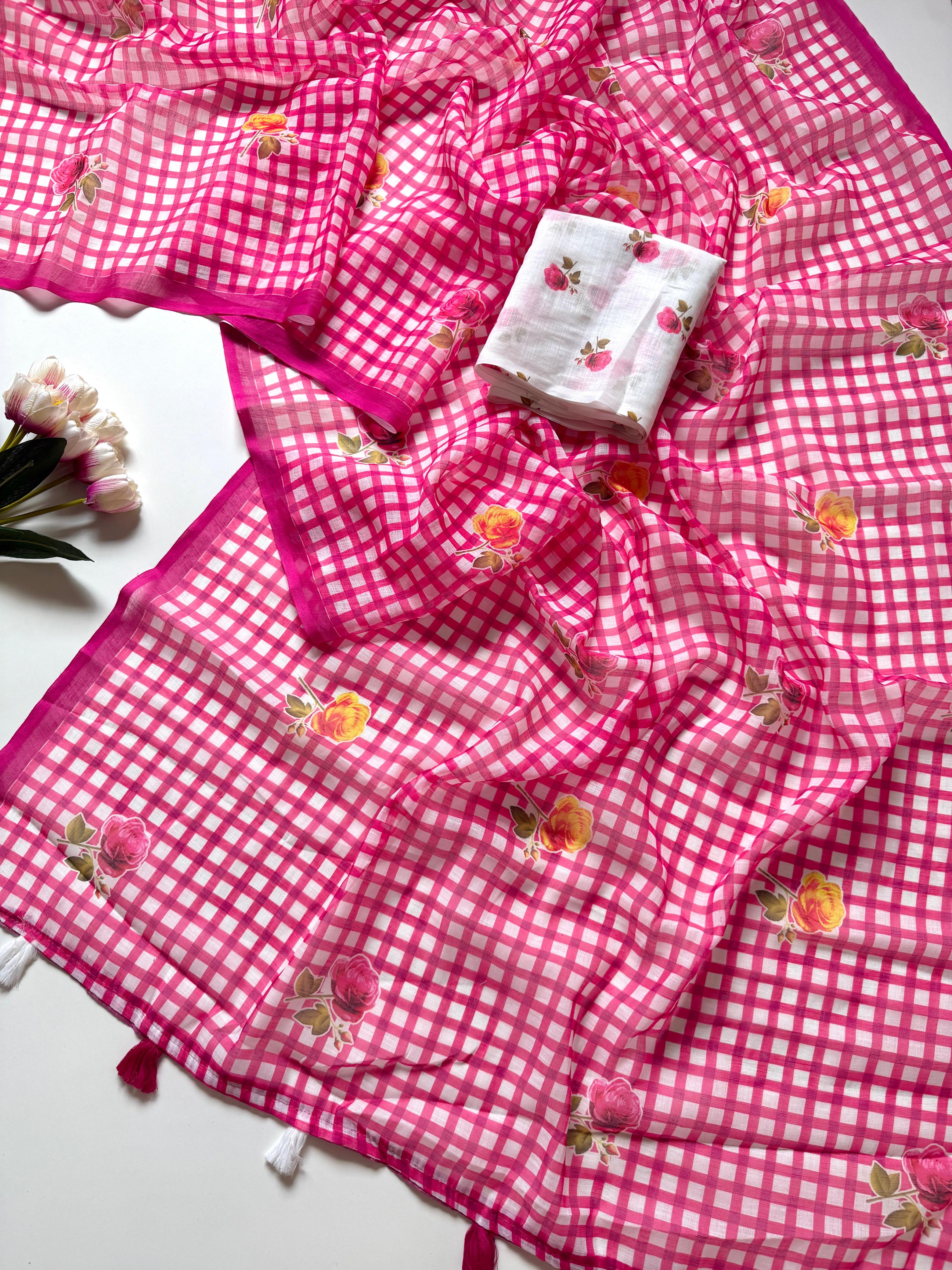 Buy MySilkLove Crimson Pink Soft Linen Cotton Pinted Saree Online