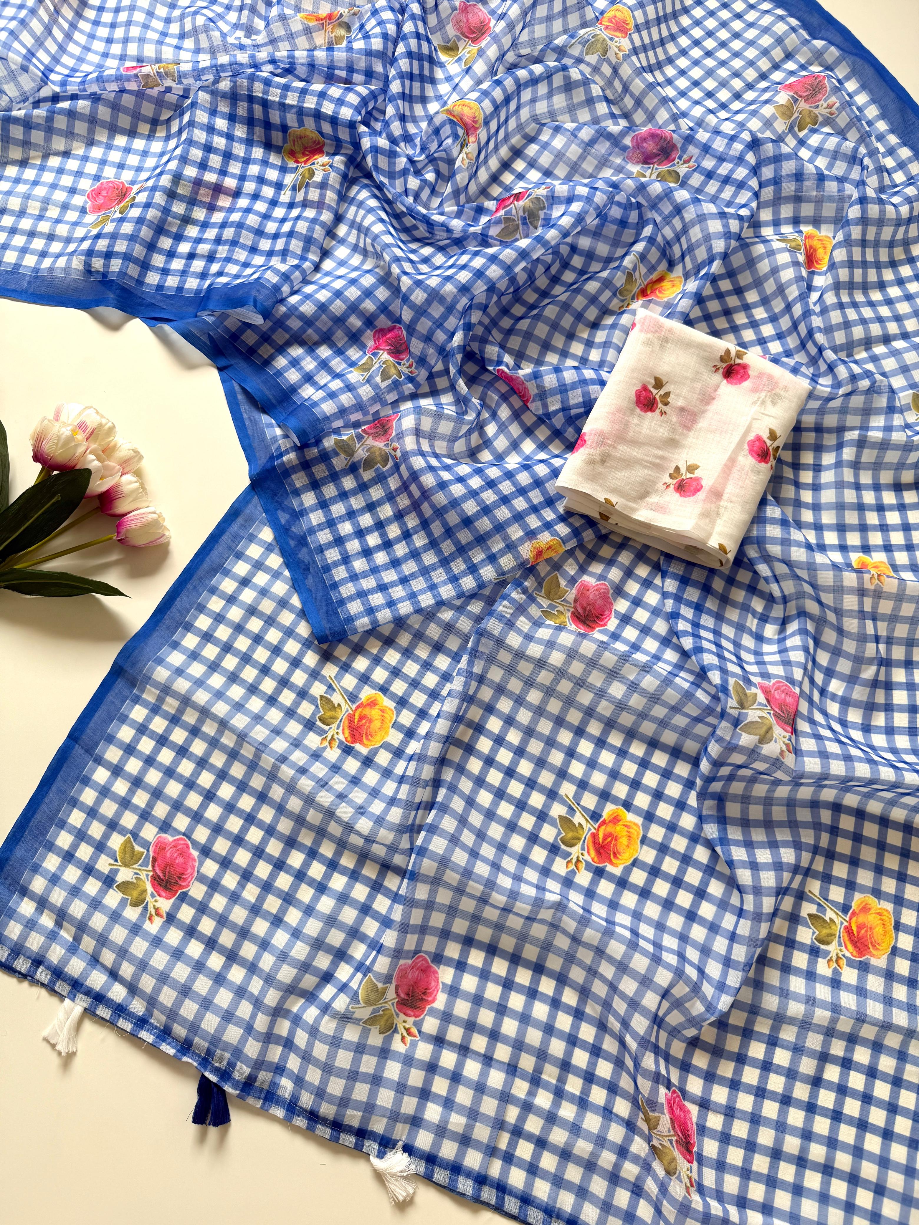 MySilkLove Ink Blue Soft Linen Cotton Pinted Saree