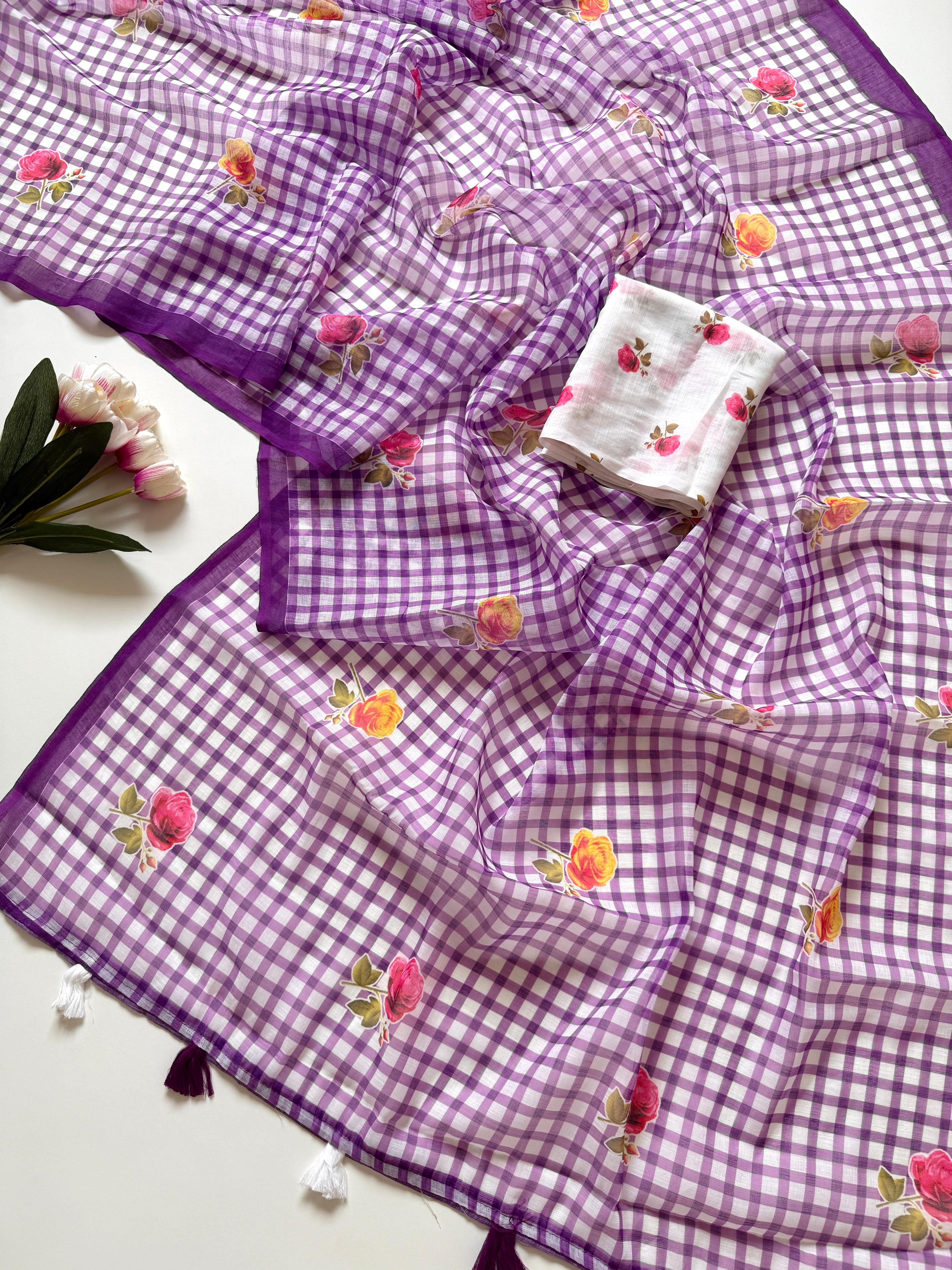 Buy MySilkLove Lily Purple Soft Linen Cotton Pinted Saree Online