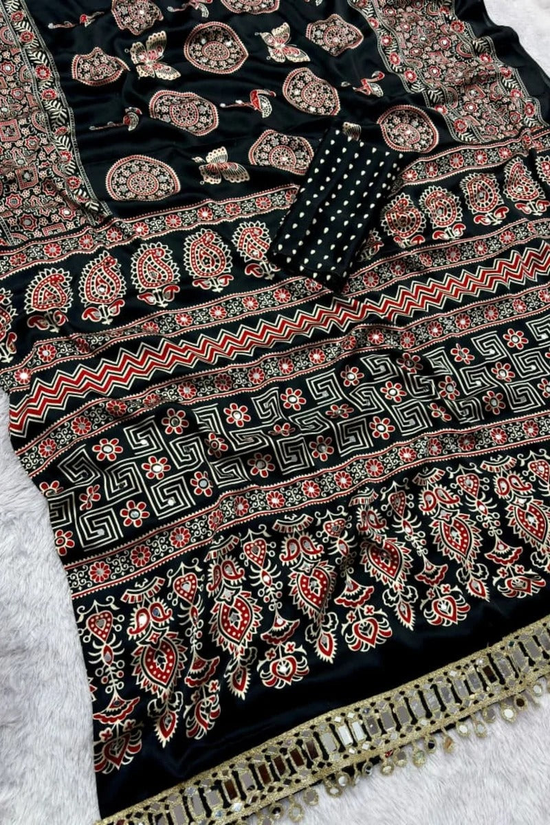 Buy MySilkLove Jam Red Ajrakh Satin Printed Mirror Work Saree Online