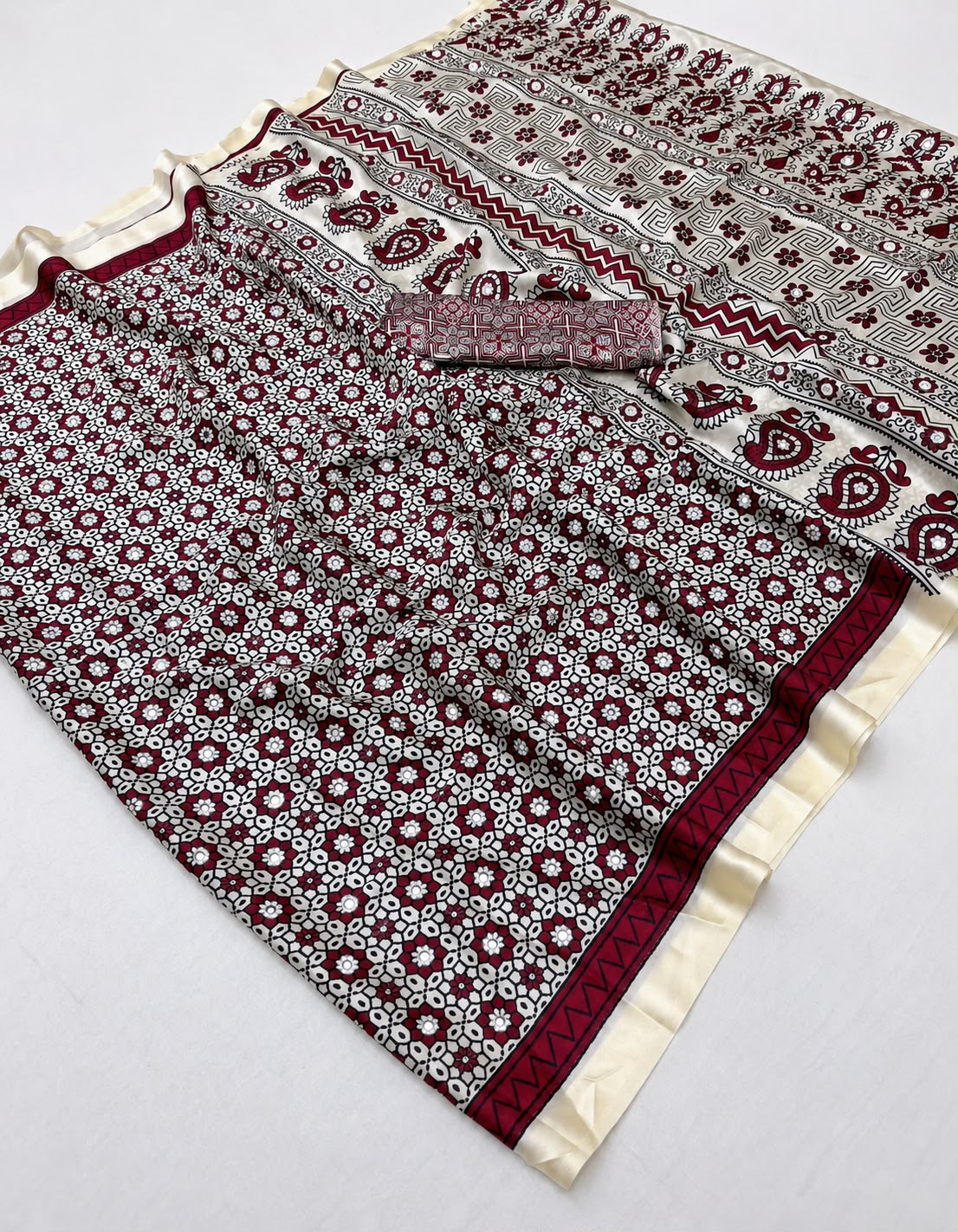 Buy MySilkLove Buttercream and Maroon Satin Printed Mirror Work Saree Online