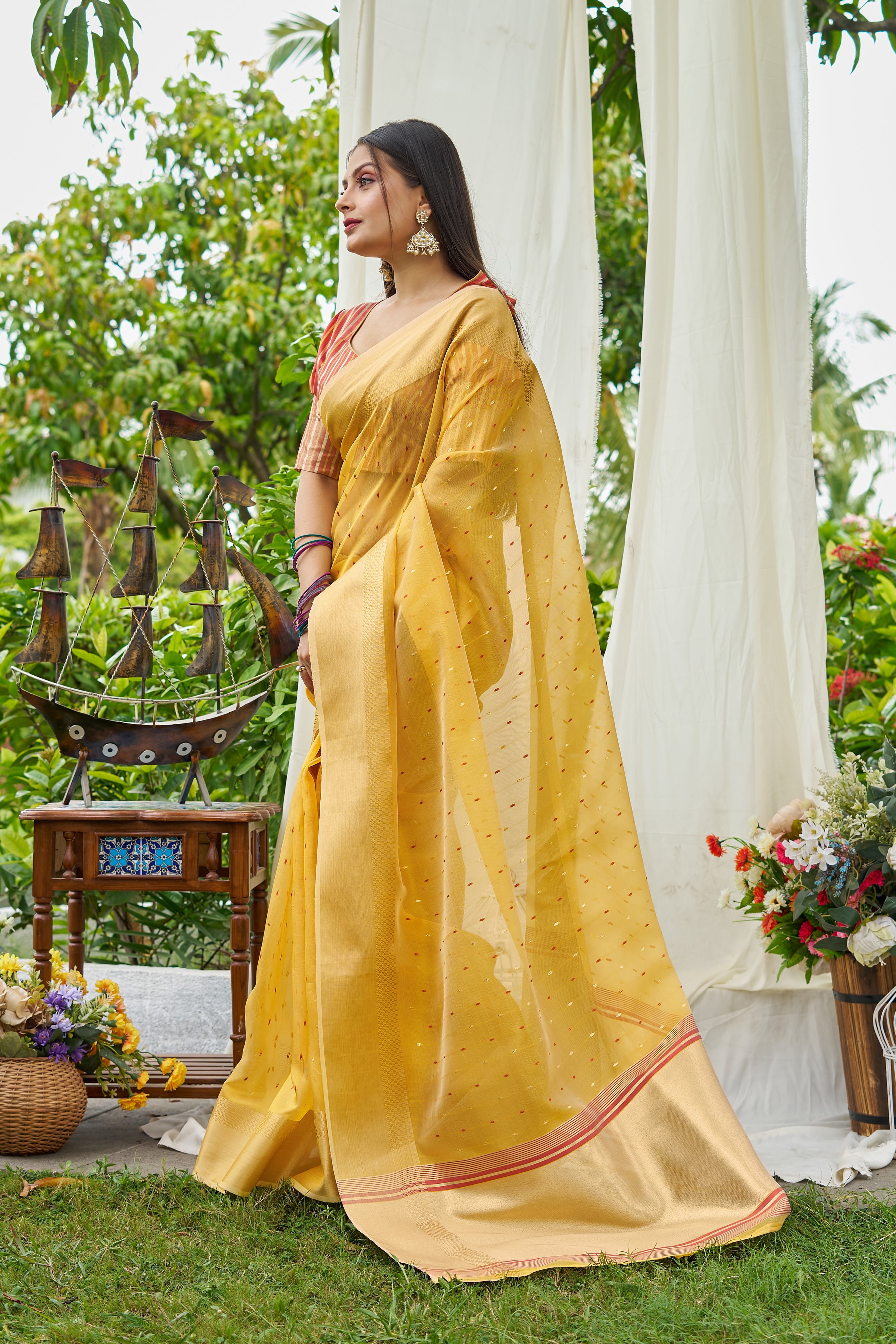 Buy MySilkLove Fuel Yellow Woven Shimmer Silk Saree Online