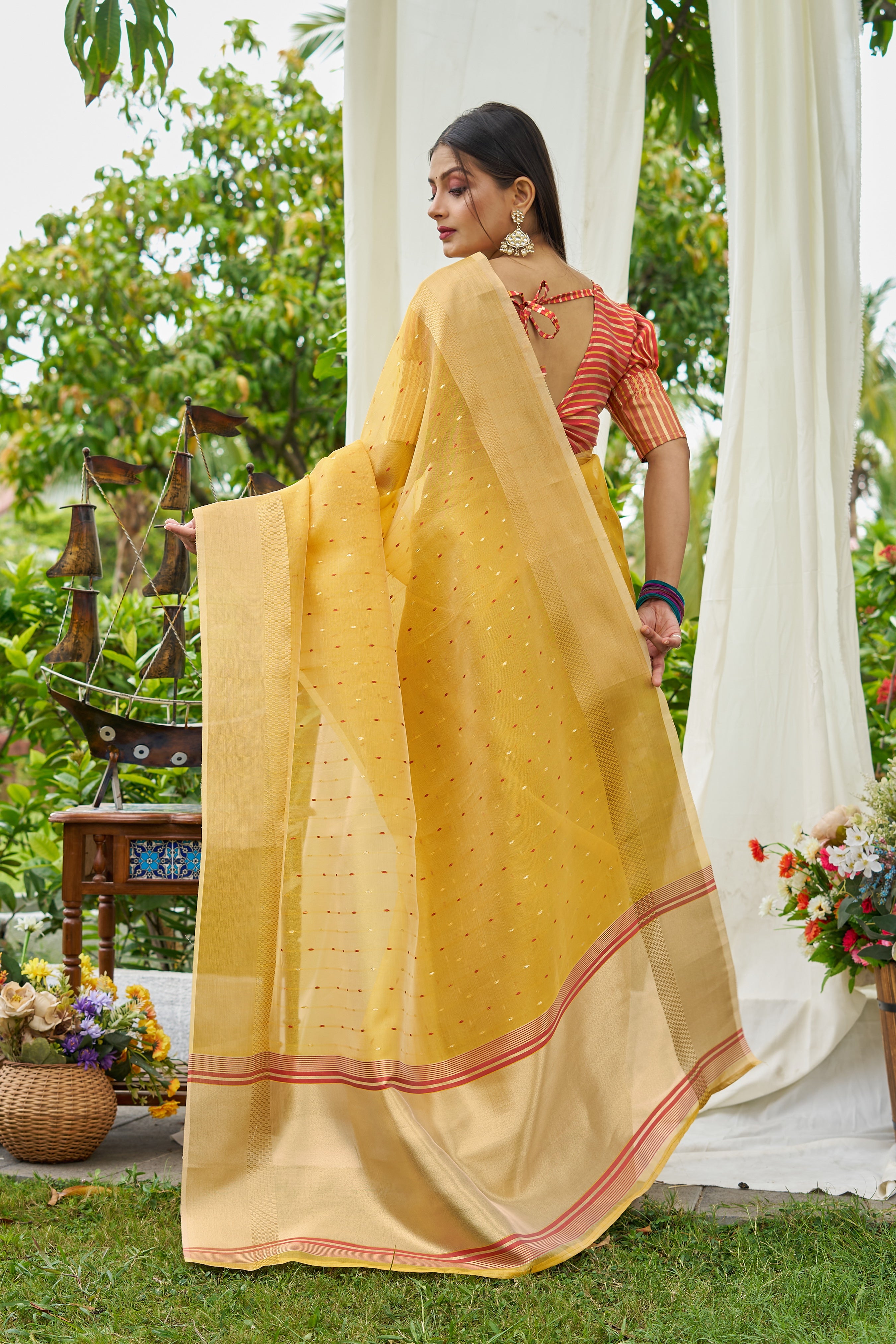 Buy MySilkLove Fuel Yellow Woven Shimmer Silk Saree Online