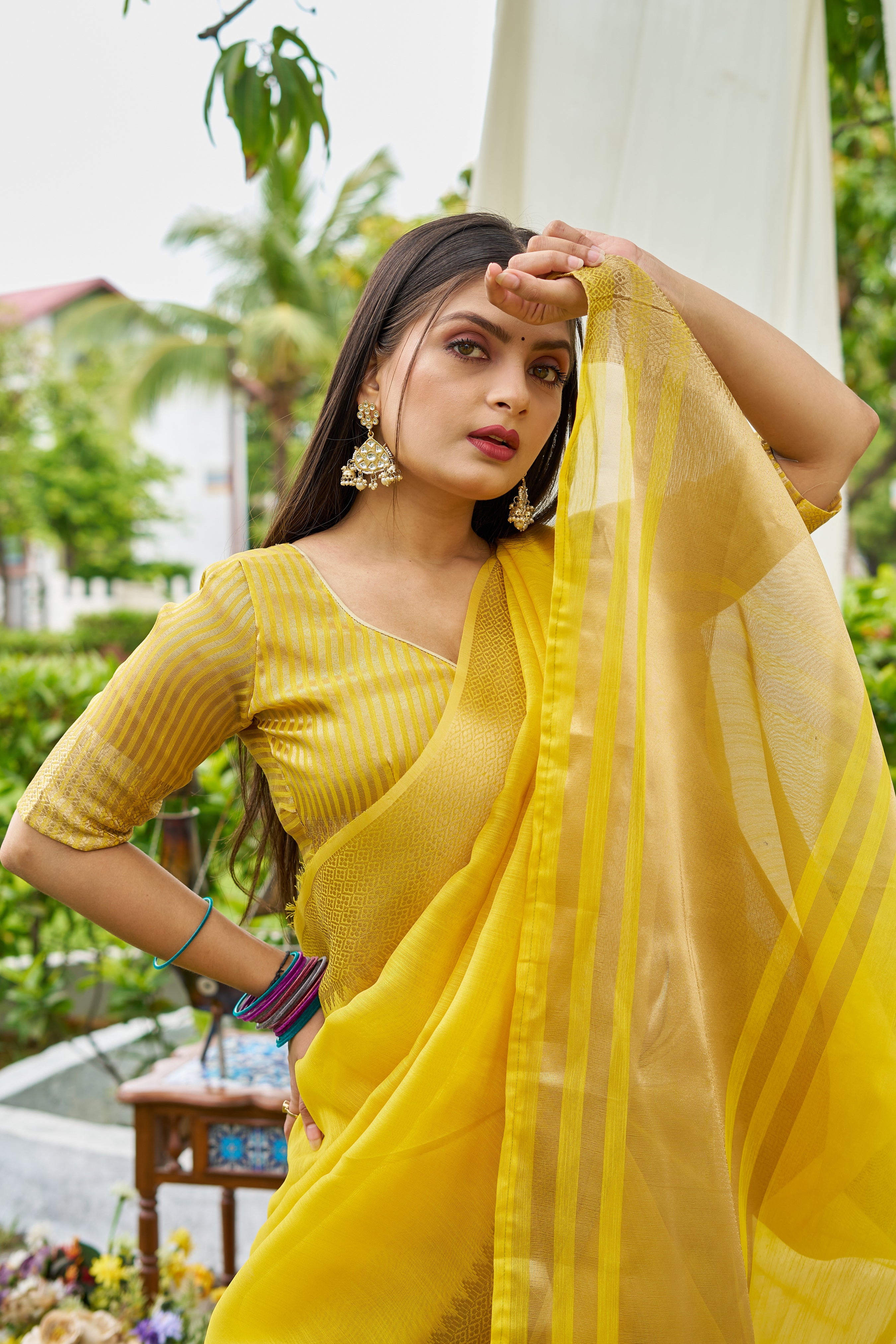 Buy MySilkLove Snapchat Yellow Woven Linen Saree Online