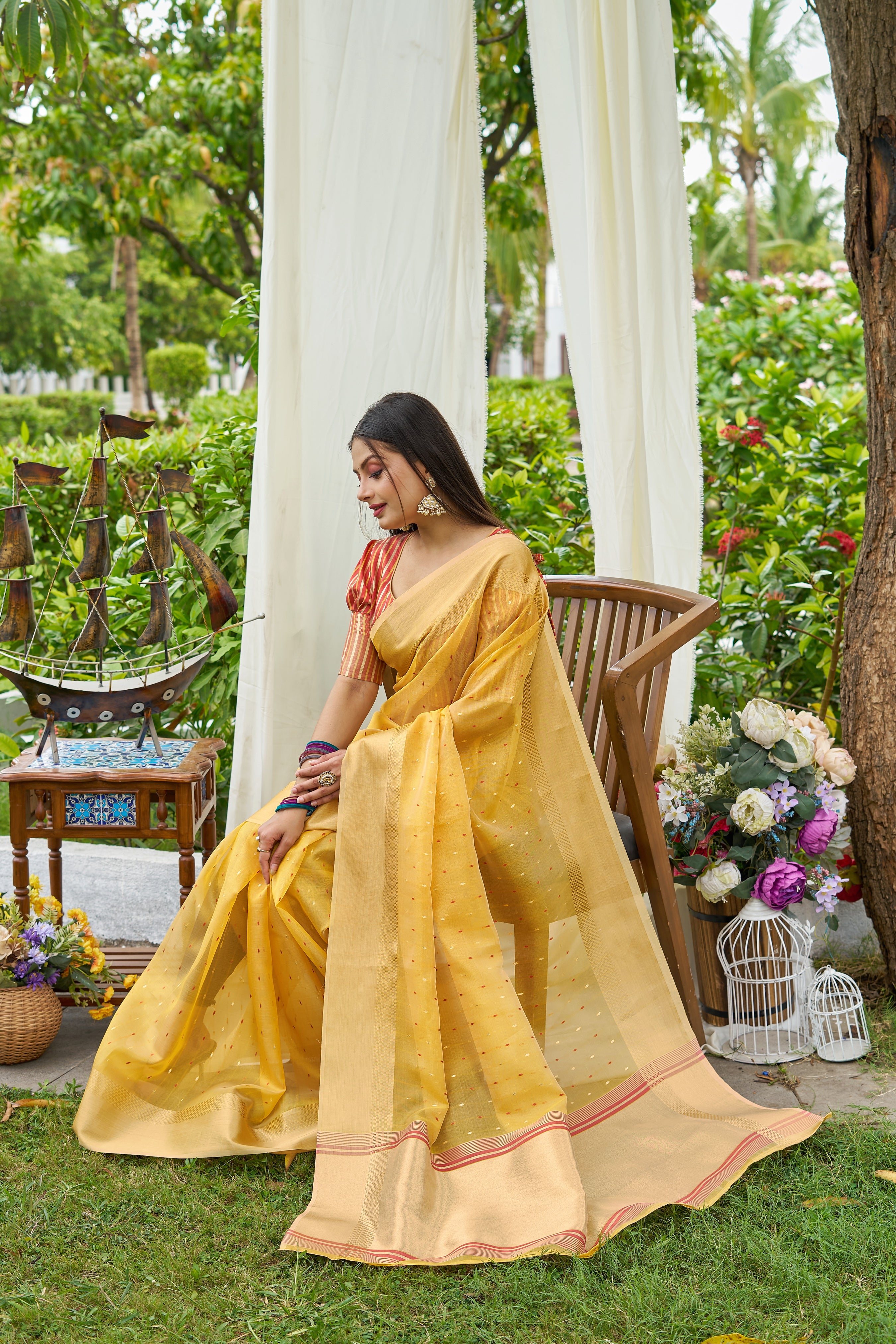 Buy MySilkLove Fuel Yellow Woven Shimmer Silk Saree Online