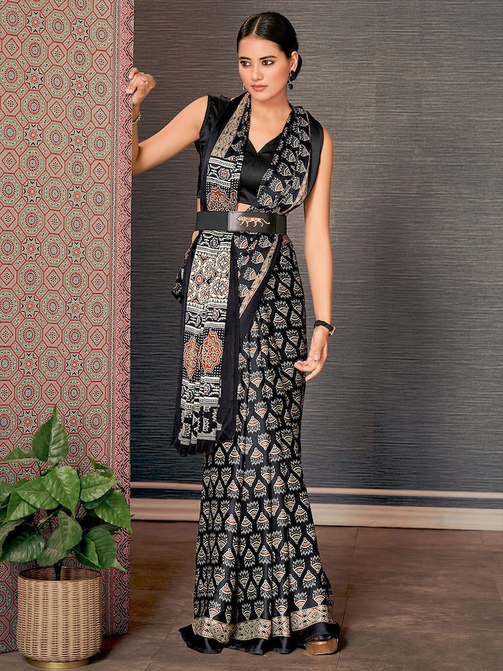 Buy MySilkLove Onyx Black Digital Printed Ajrakh Satin Crepe Saree Online