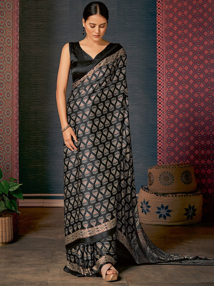 Buy MySilkLove Onyx Black Digital Printed Ajrakh Satin Crepe Saree Online