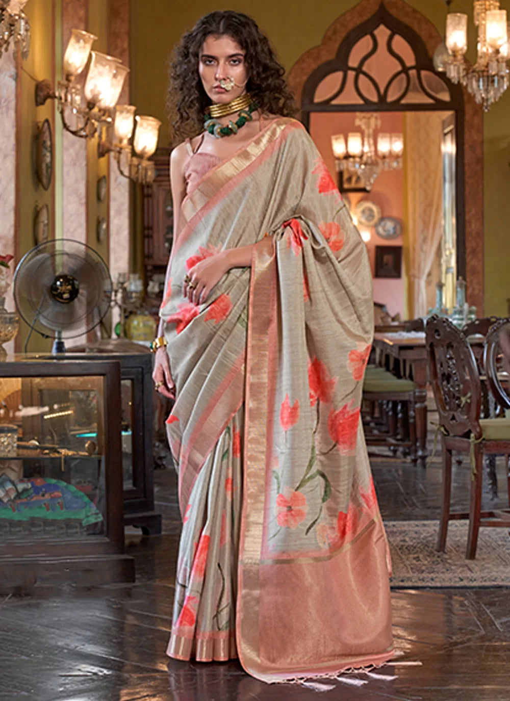 Buy MySilkLove Almond Frost Brown and Orange Banarasi Floral Printed Saree Online