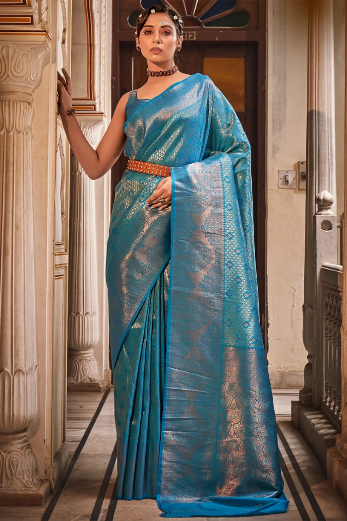 Buy MySilkLove Wedgewood Blue Zari Woven Kanjivaram Saree Online