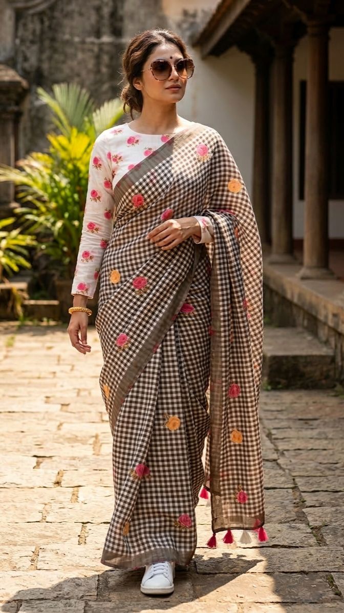 Buy MySilkLove Cocan Brown Soft Linen Cotton Pinted Saree Online