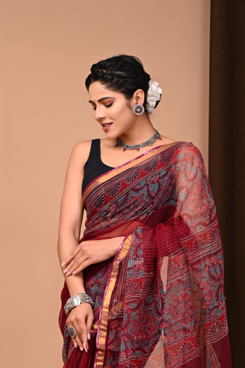 Buy MySilkLove Dark Tan Maroon Handblock Kota Doriya Saree Online