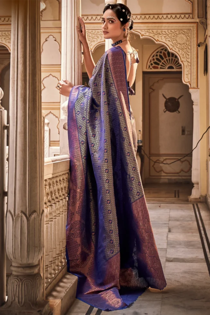 Buy MySilkLove Cedar Blue Zari Woven Kanjivaram Saree Online