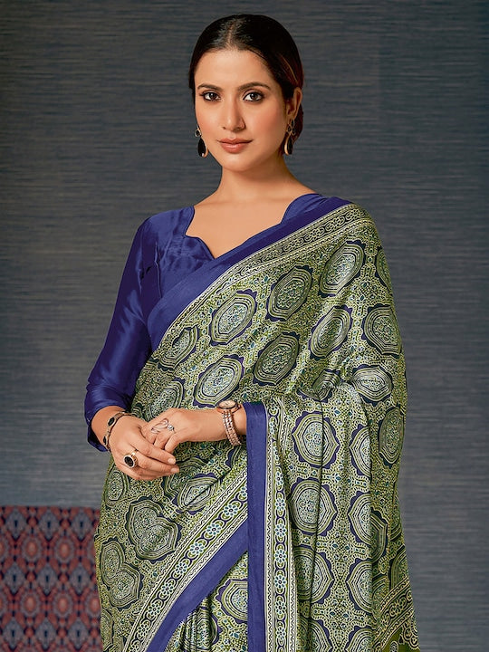 Buy MySilkLove Olive Green Digital Printed Ajrakh Satin Crepe Saree Online