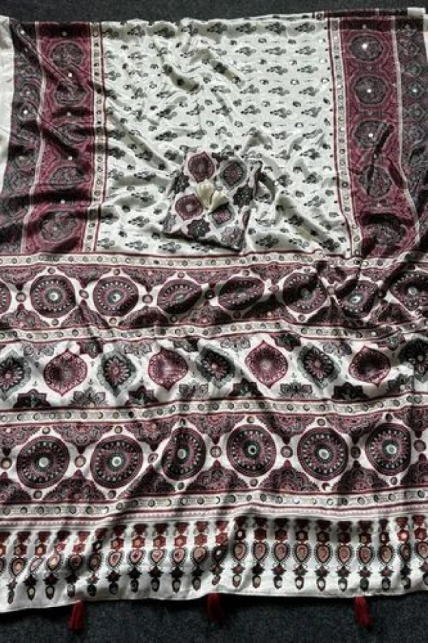 Buy MySilkLove Fawn Beige Modal Ajrakh Satin Printed Mirror Work Saree Online
