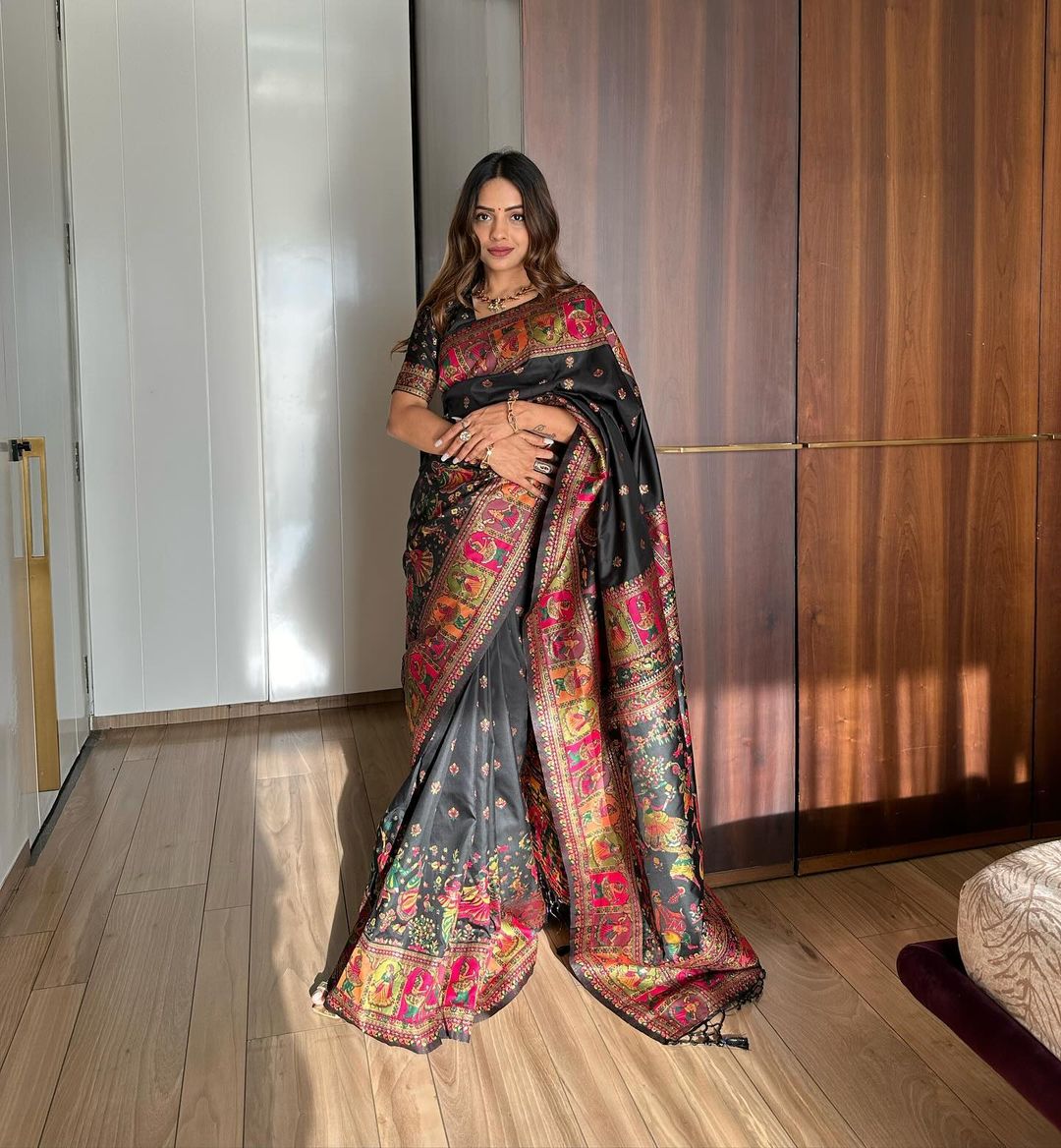 Buy MySilkLove Code Dark Black Kashmiri Woven Banarasi Silk Saree Online
