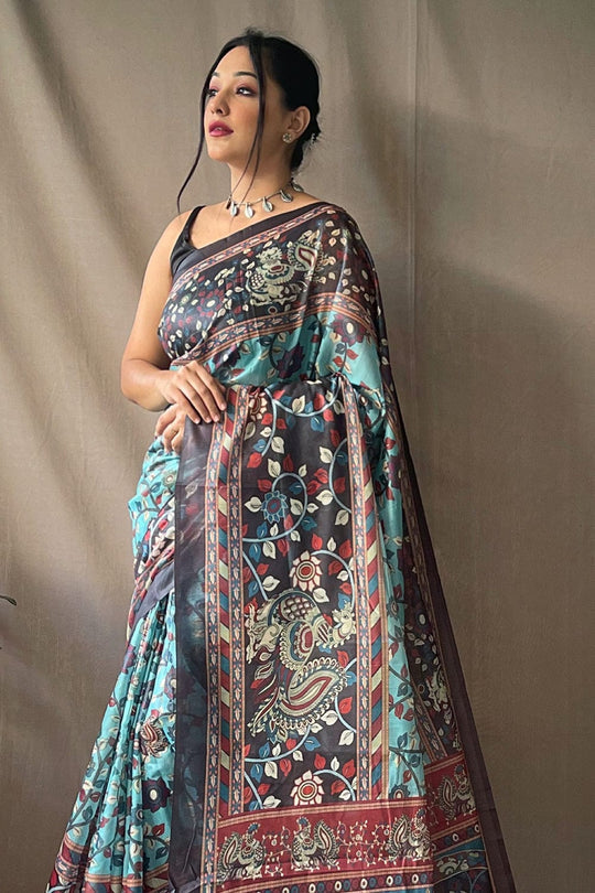 Buy MySilkLove Gothic Blue and Black Kalamkari Printed Saree Online