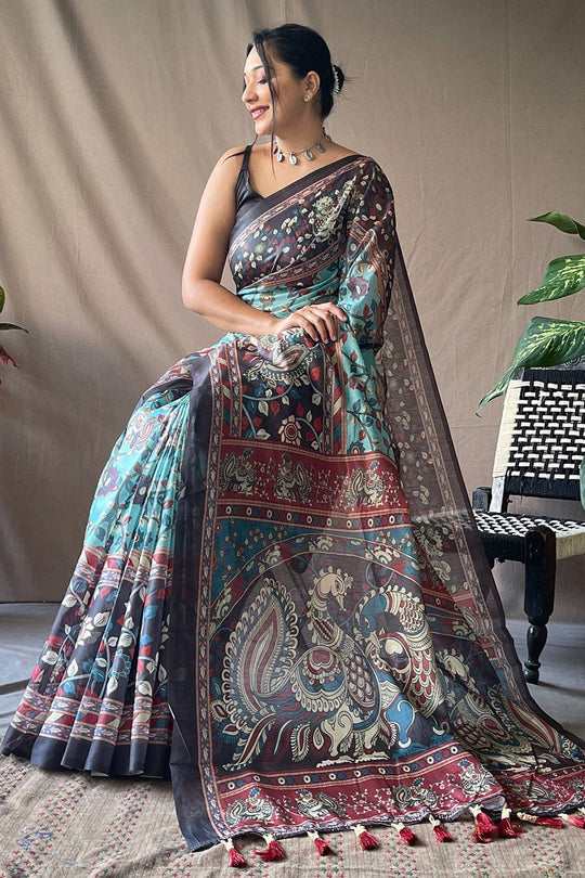 Buy MySilkLove Gothic Blue and Black Kalamkari Printed Saree Online