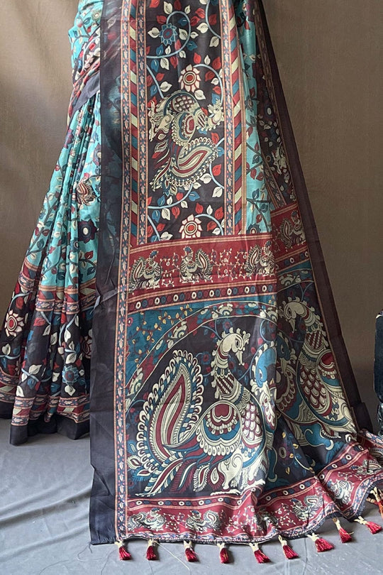Buy MySilkLove Gothic Blue and Black Kalamkari Printed Saree Online
