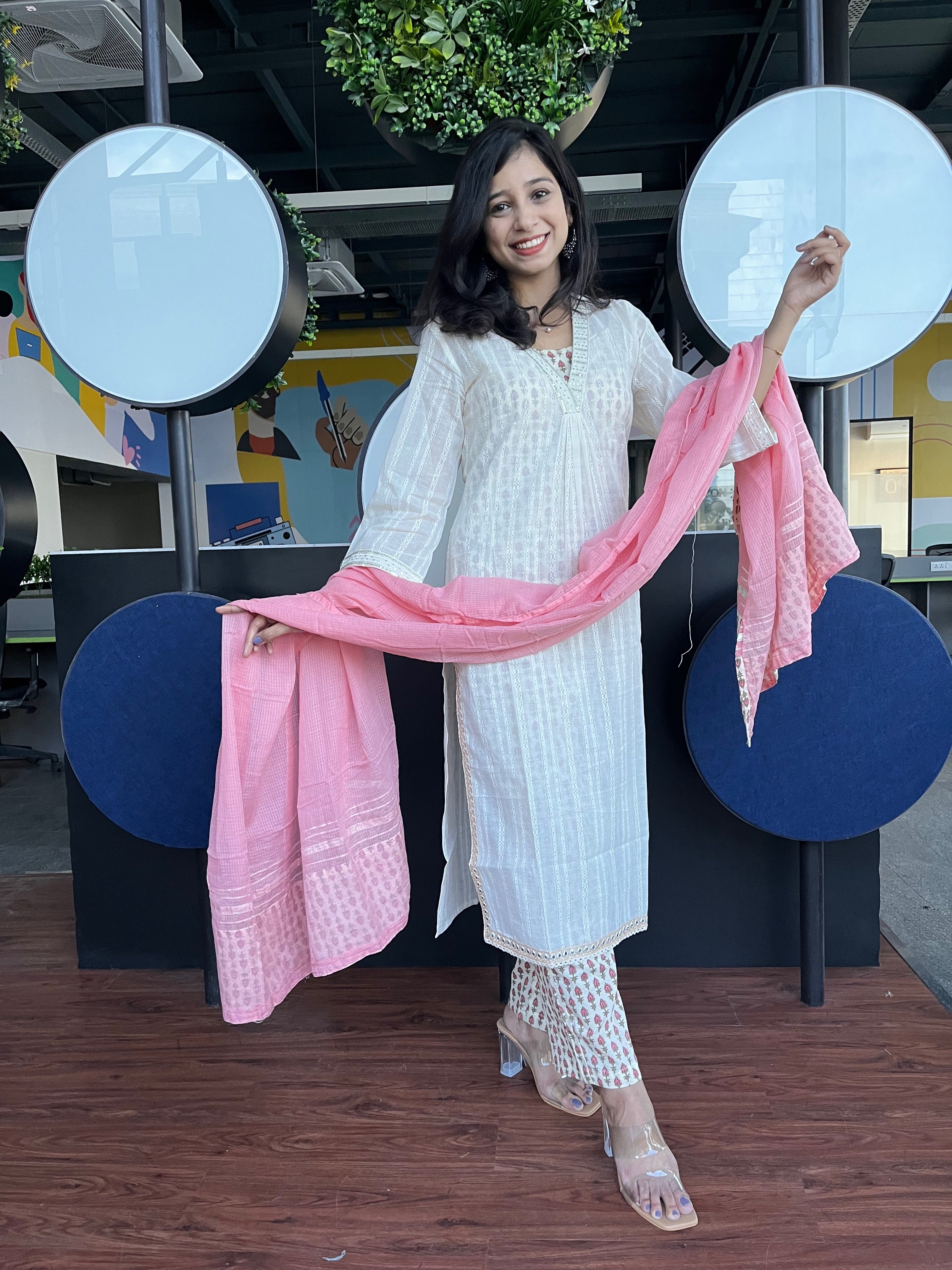 Buy MySilkLove Westar White and Pink Pure Cotton Suit Online