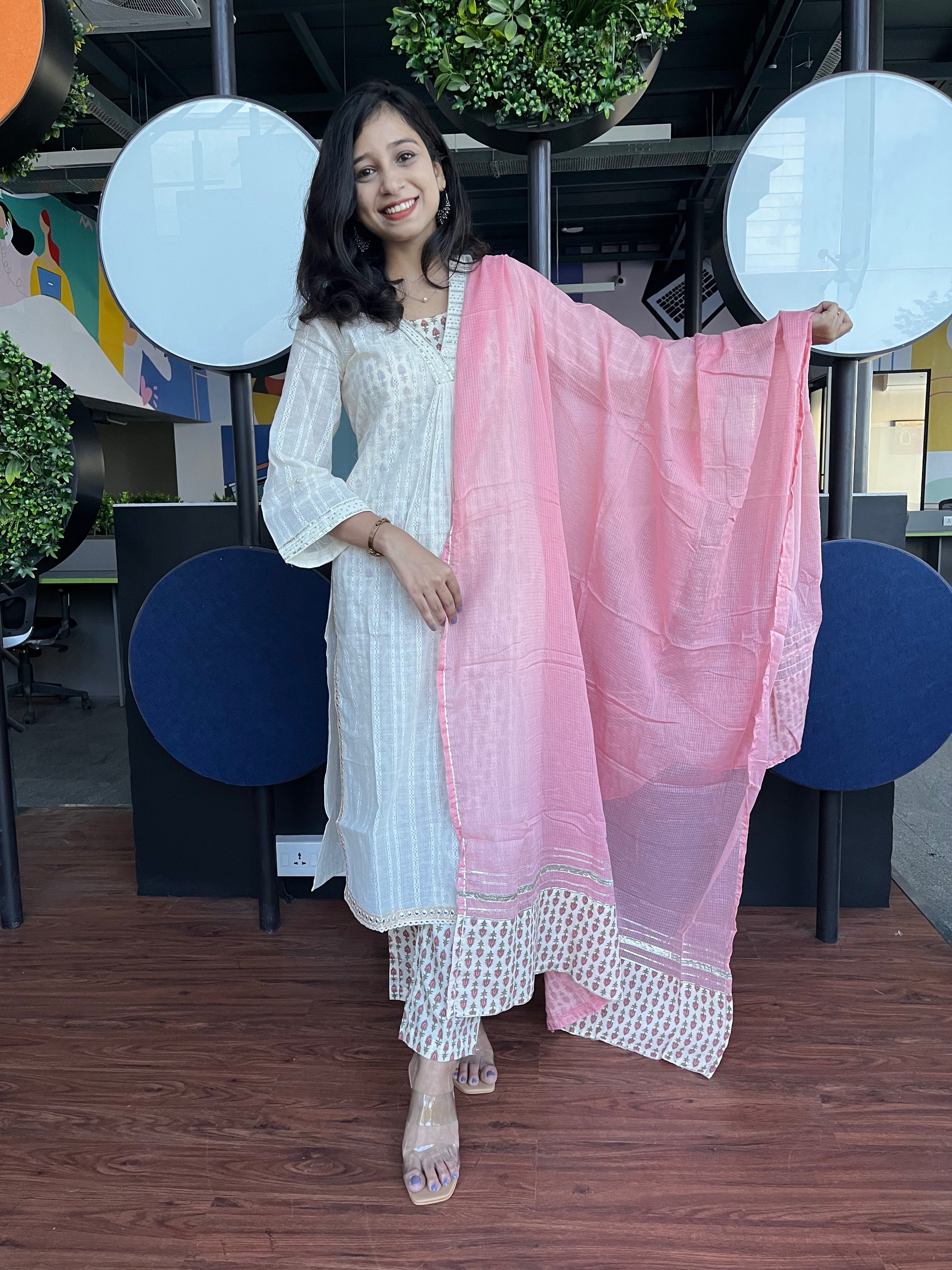 Buy MySilkLove Westar White and Pink Pure Cotton Suit Online
