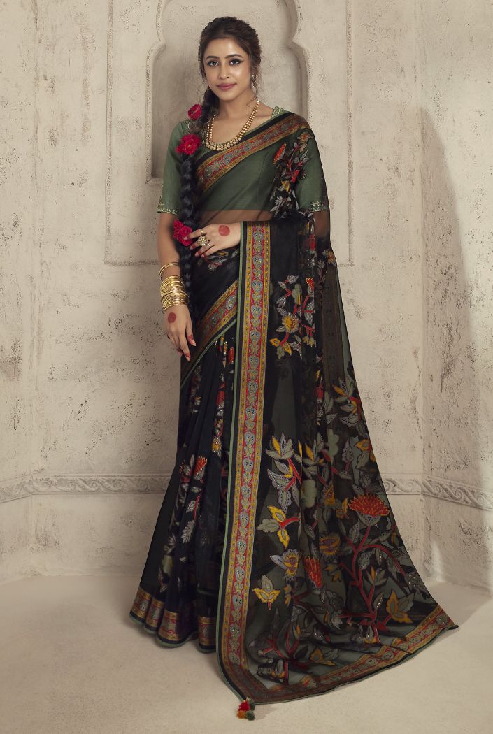 Buy MySilkLove Dark Chilli Green Woven Organza Saree Online