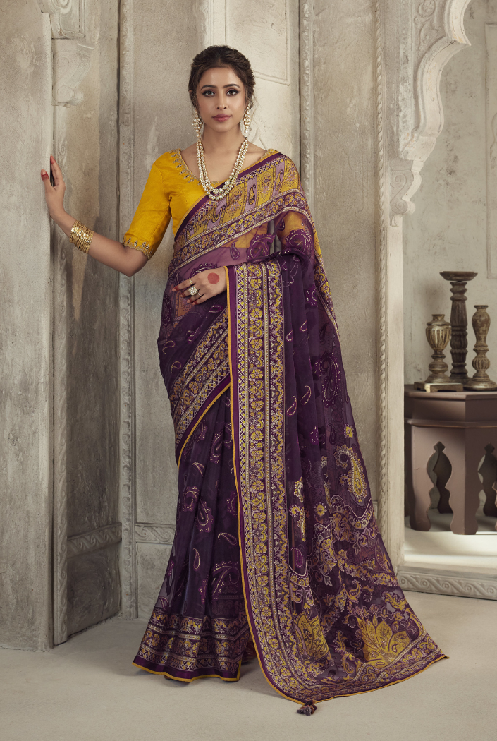 Buy MySilkLove Livid Brown Purple Woven Organza Saree Online