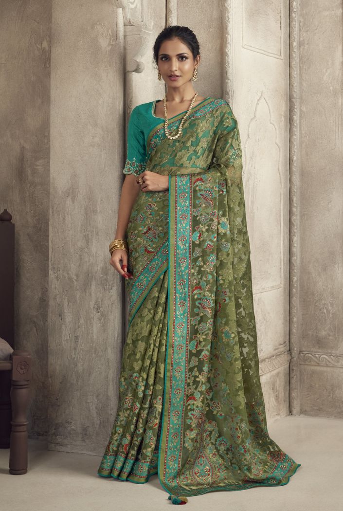 Buy MySilkLove Kelp Green Woven Organza Saree Online