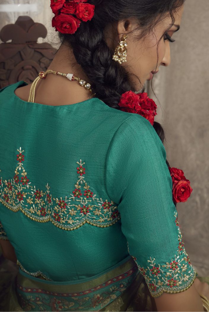 Buy MySilkLove Kelp Green Woven Organza Saree Online