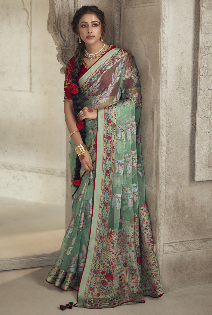 Buy MySilkLove Sage Green Woven Organza Saree Online