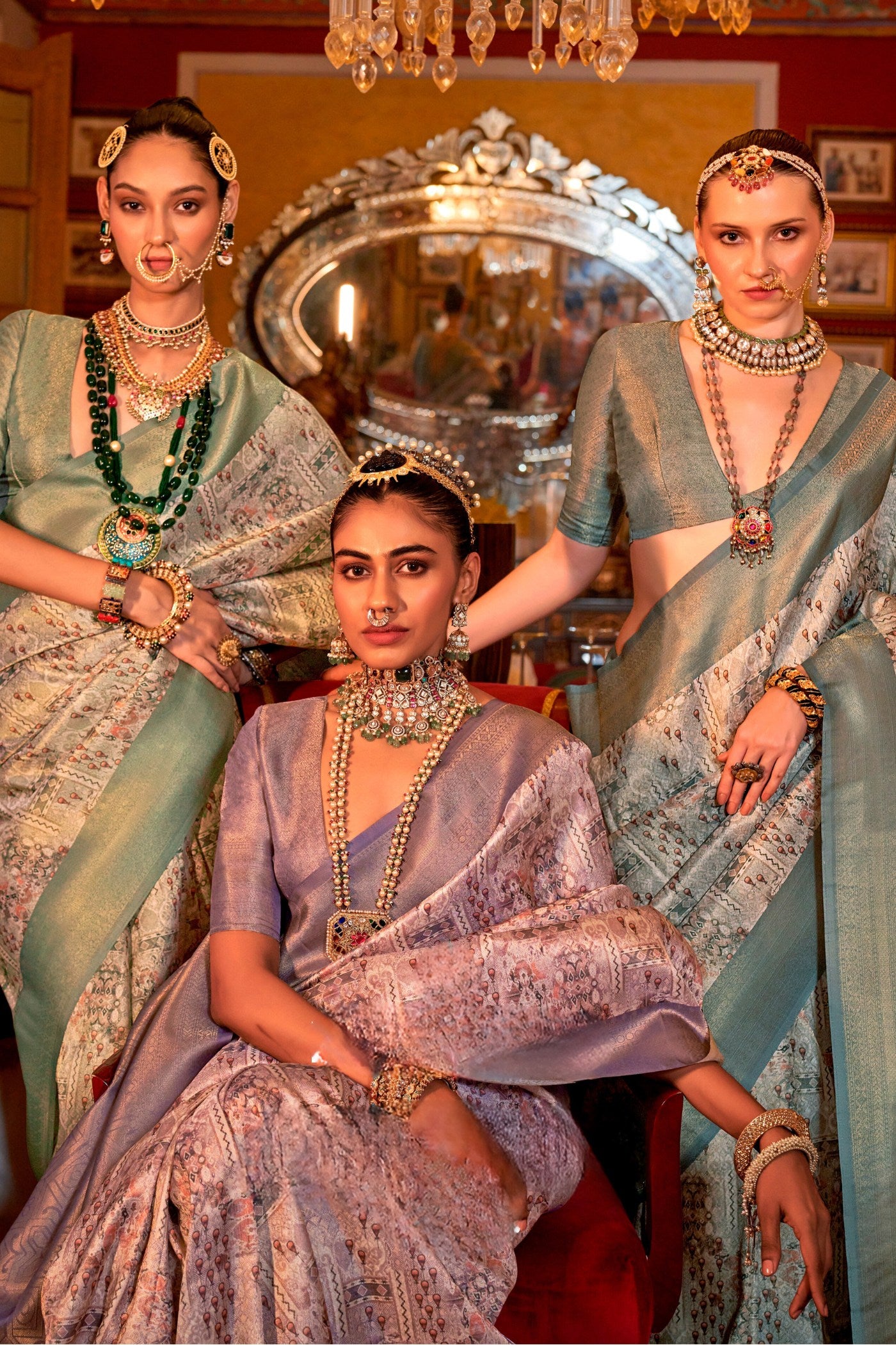 Buy MySilkLove Locust Cream and Grey Banarasi Digital Printed Saree Online