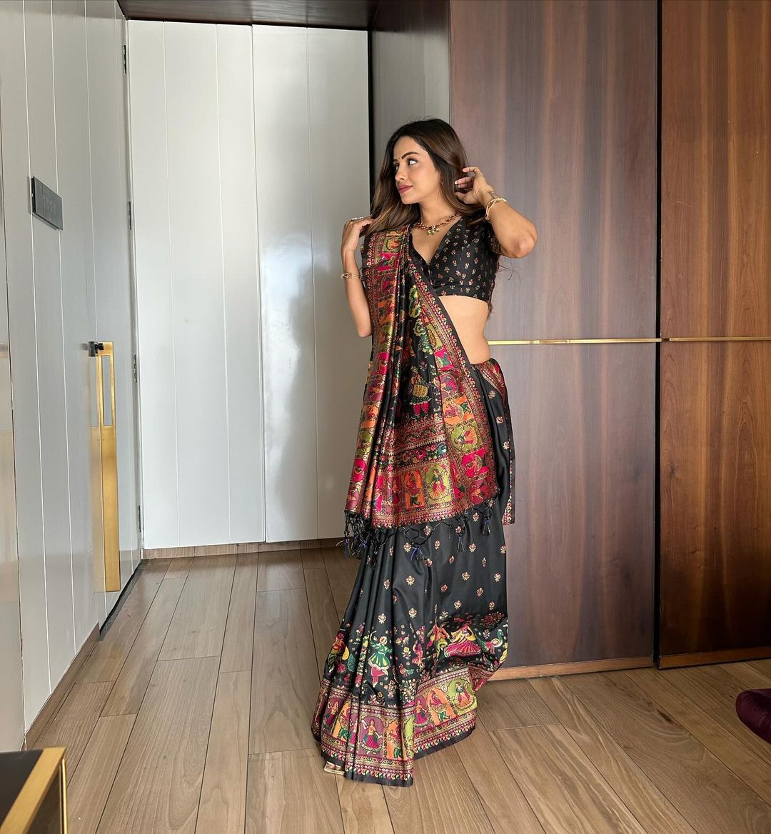 Buy MySilkLove Code Dark Black Kashmiri Woven Banarasi Silk Saree Online