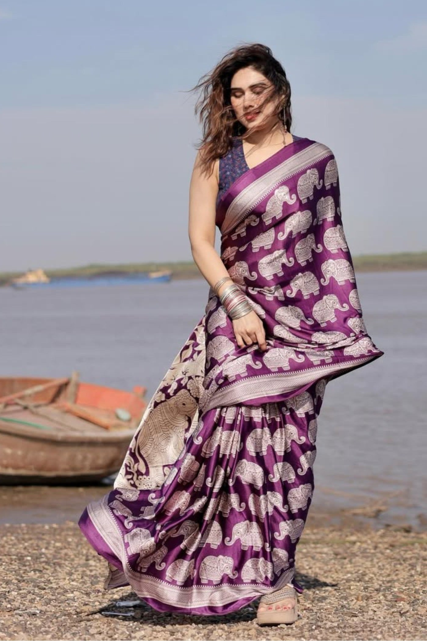 Buy MySilkLove Thistle Purple Ajrakh Printed Satin Crepe Silk Saree Online