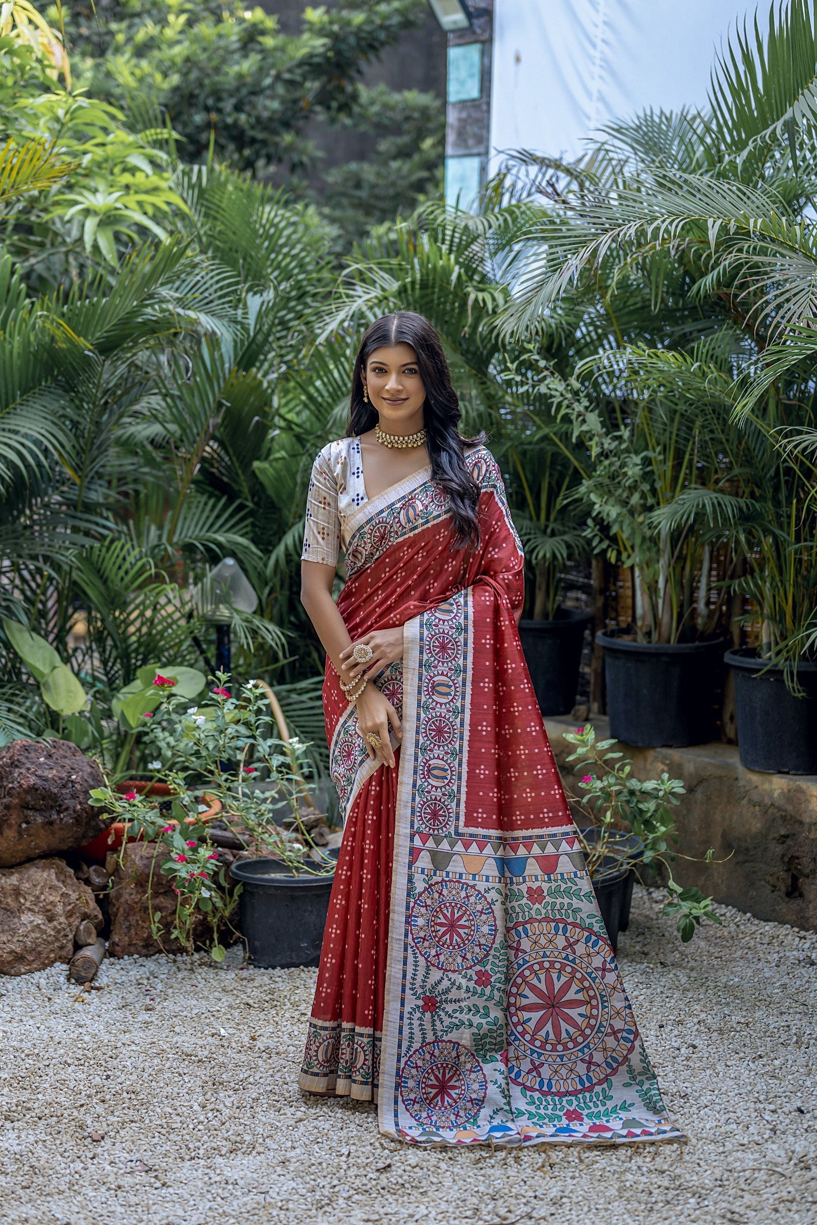 MySilkLove El Salva Maroon Madhubani Tussar Printed Silk Saree