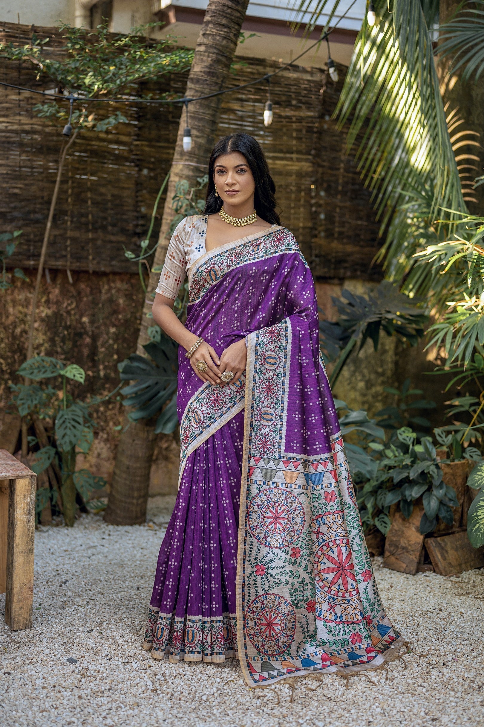 Buy MySilkLove Vivid Violet Purple Madhubani Tussar Printed Silk Saree Online