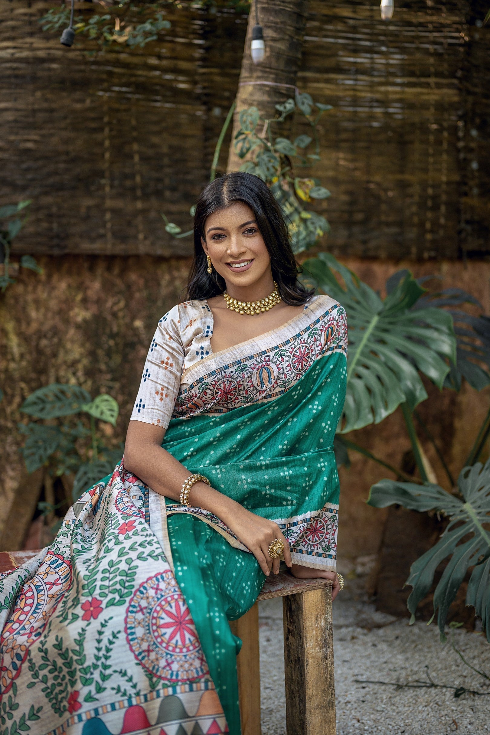 Buy MySilkLove Deep Sea Green Madhubani Tussar Printed Silk Saree Online