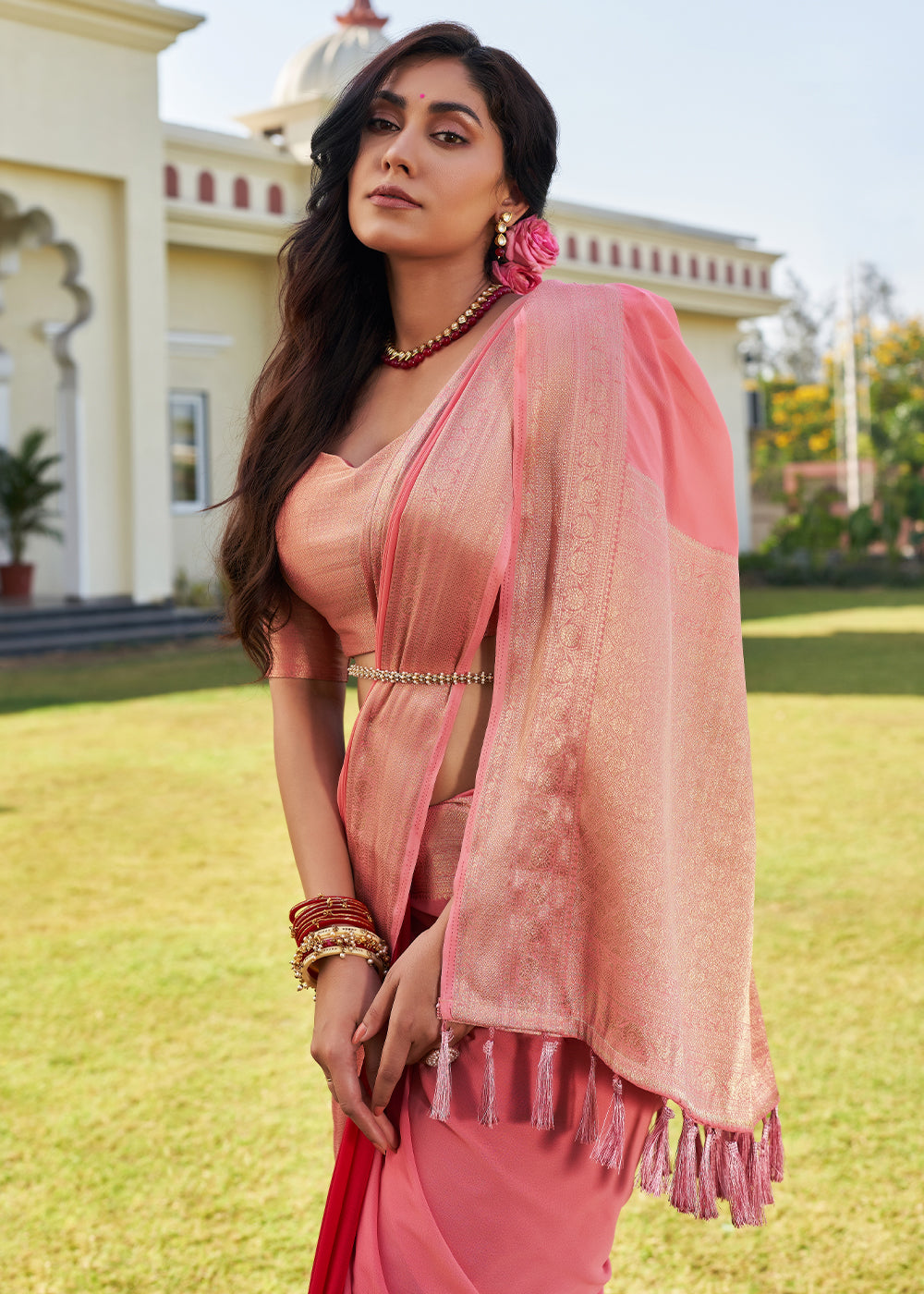 Buy MySilkLove Froly Peach Woven Georgette saree Online