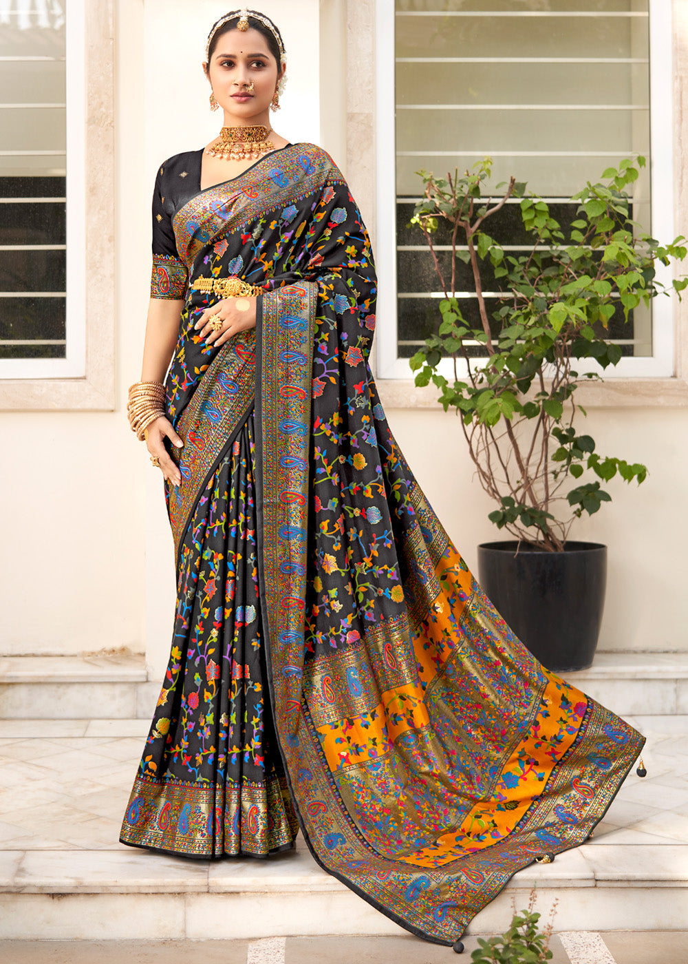 Buy MySilkLove Metal Black Handloom Printed Kashmiri Jamewar Silk Saree Online