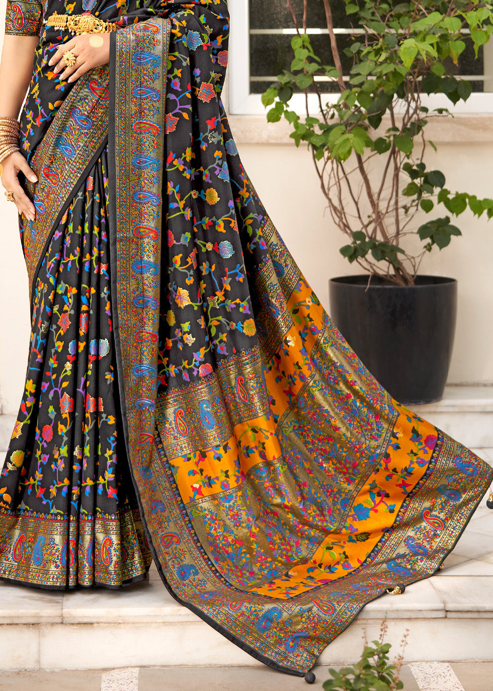 Buy MySilkLove Metal Black Handloom Printed Kashmiri Jamewar Silk Saree Online