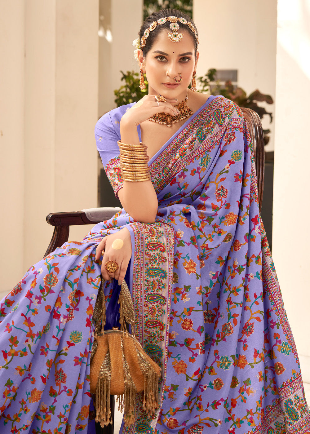 Buy MySilkLove Heliotrope Purple Handloom Printed Kashmiri Jamewar Silk Saree Online