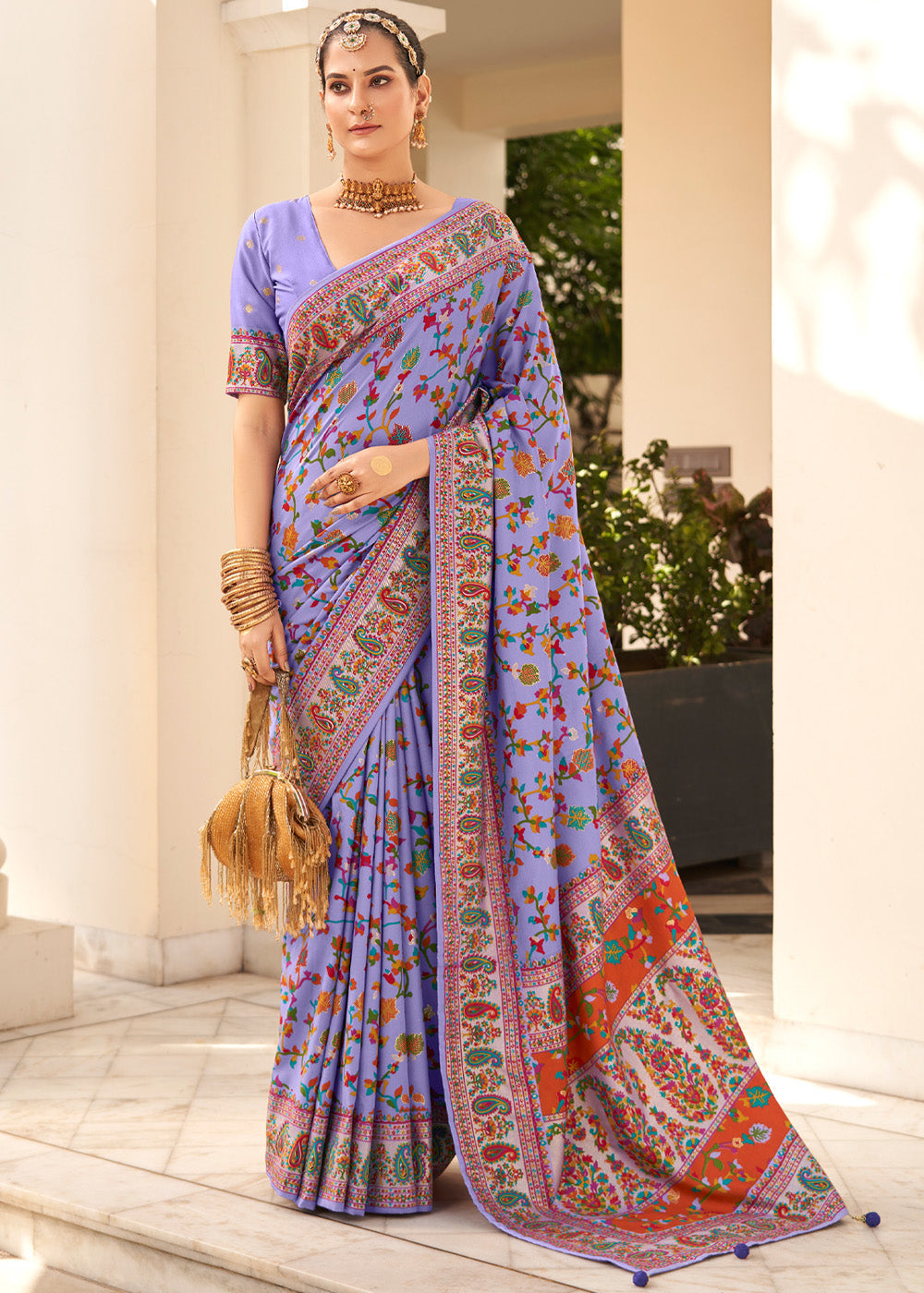 Buy MySilkLove Heliotrope Purple Handloom Printed Kashmiri Jamewar Silk Saree Online