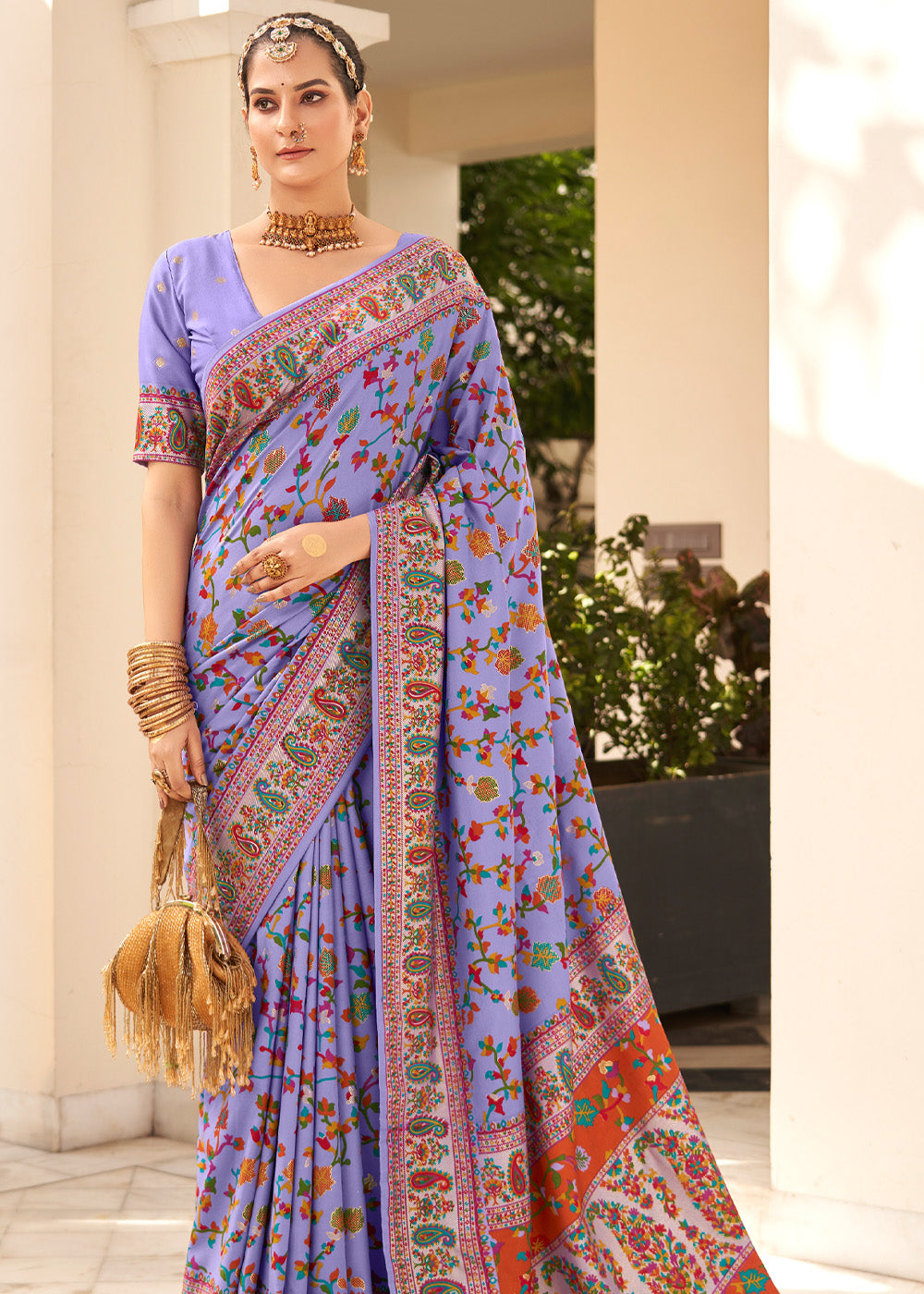 Buy MySilkLove Heliotrope Purple Handloom Printed Kashmiri Jamewar Silk Saree Online