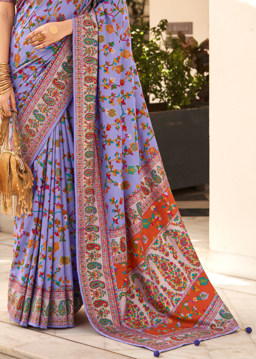 Buy MySilkLove Heliotrope Purple Handloom Printed Kashmiri Jamewar Silk Saree Online