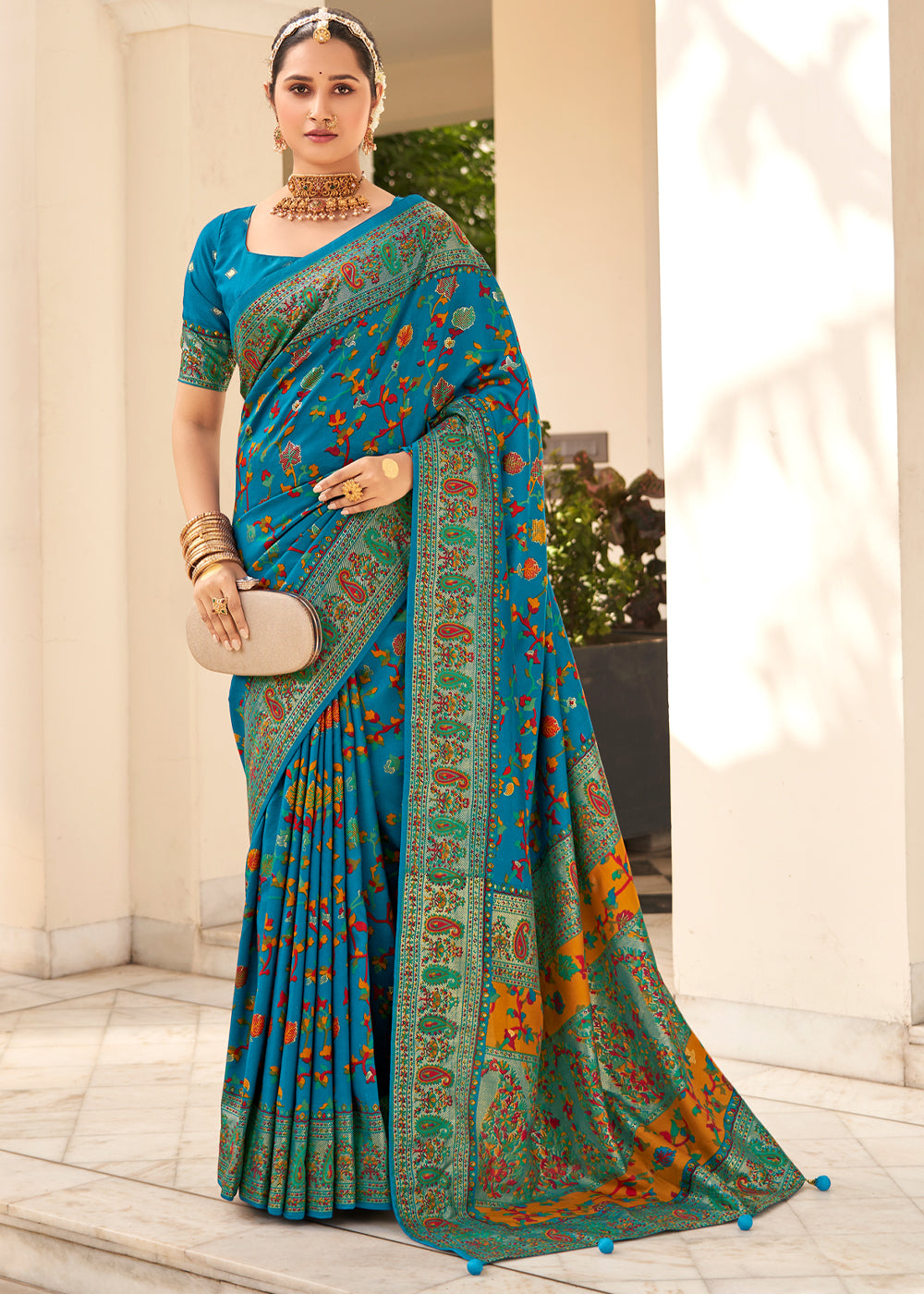 Buy MySilkLove Olympic Blue Handloom Printed Kashmiri Jamewar Silk Saree Online