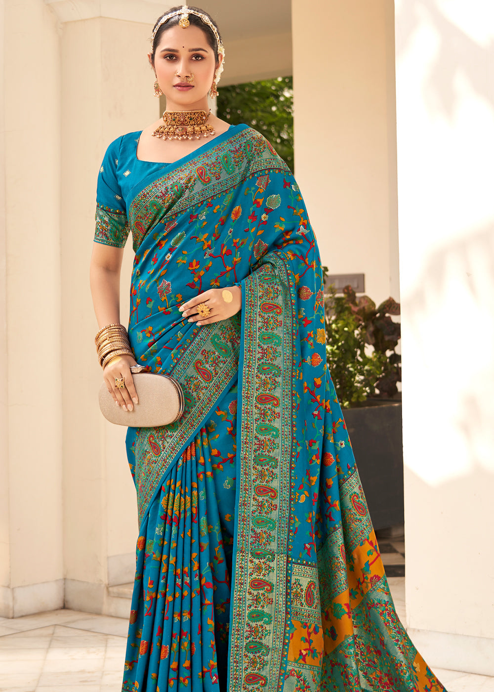 Buy MySilkLove Olympic Blue Handloom Printed Kashmiri Jamewar Silk Saree Online