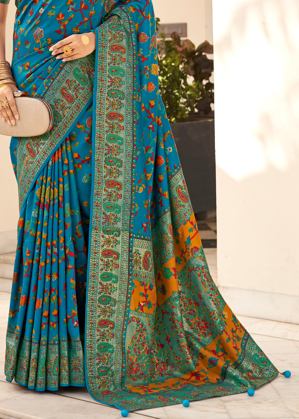 Buy MySilkLove Olympic Blue Handloom Printed Kashmiri Jamewar Silk Saree Online