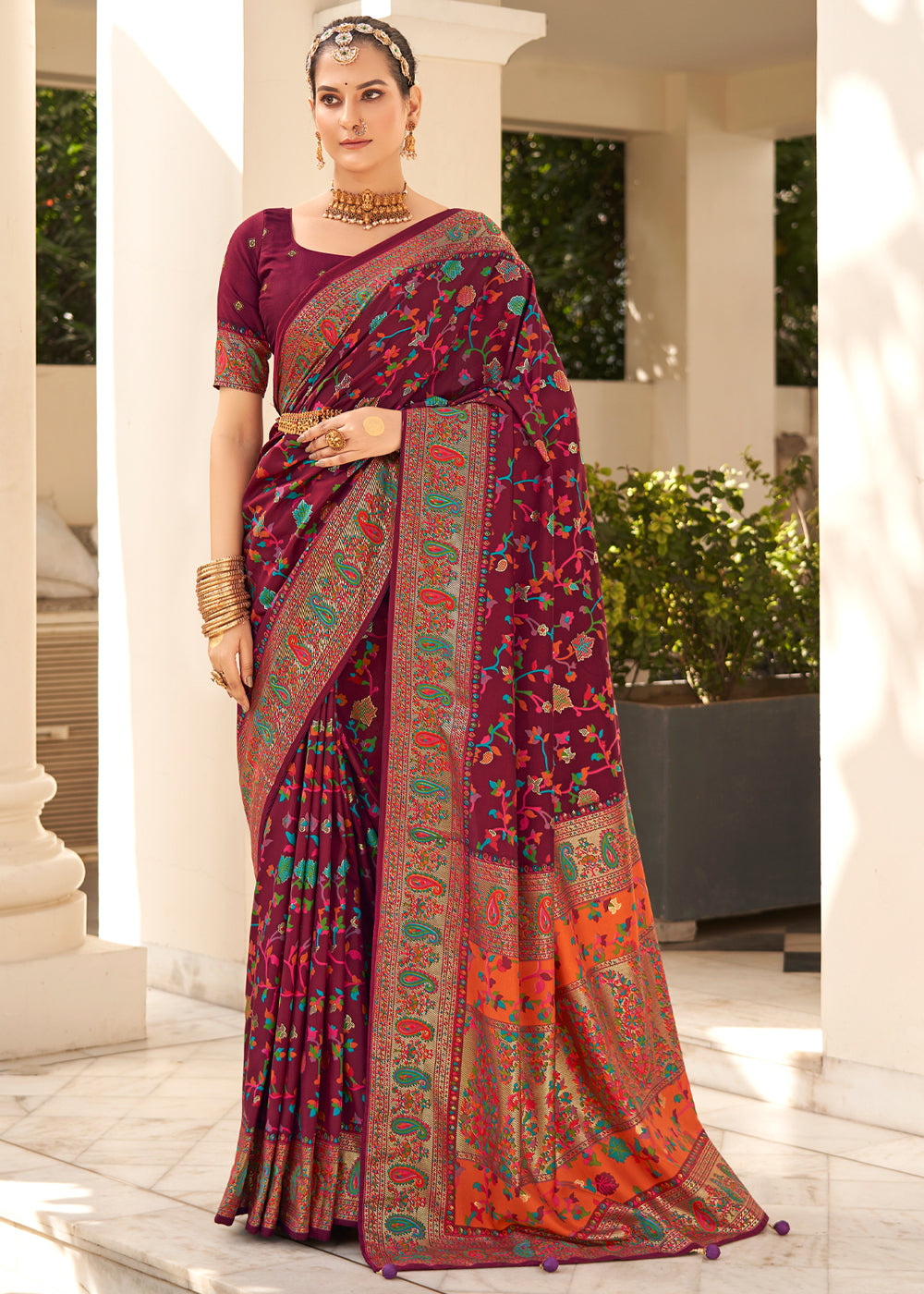 Buy MySilkLove Burgundy Maroon Handloom Printed Kashmiri Jamewar Silk Saree Online