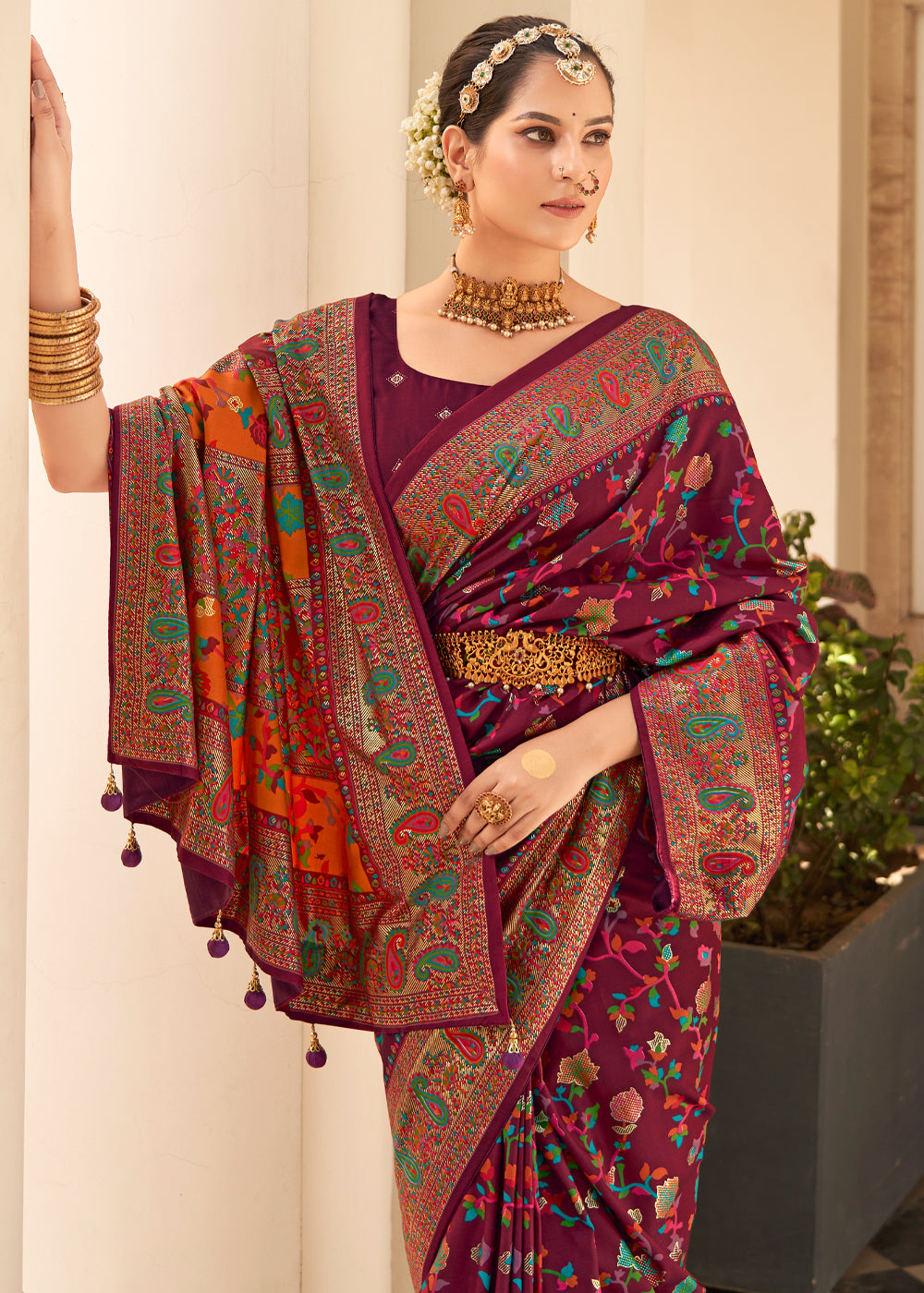 Buy MySilkLove Burgundy Maroon Handloom Printed Kashmiri Jamewar Silk Saree Online